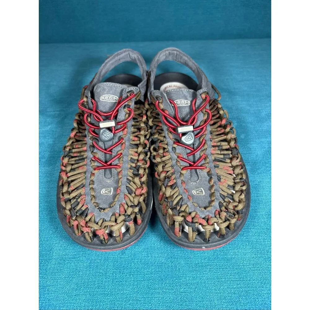 KEEN Uneek Sandals Mens Size 9.5 Grey Red Brown Cord Outdoor Shoes 1014620